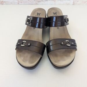 Mephisto Naiade women's wedge slide sandals in a brown patent leathe